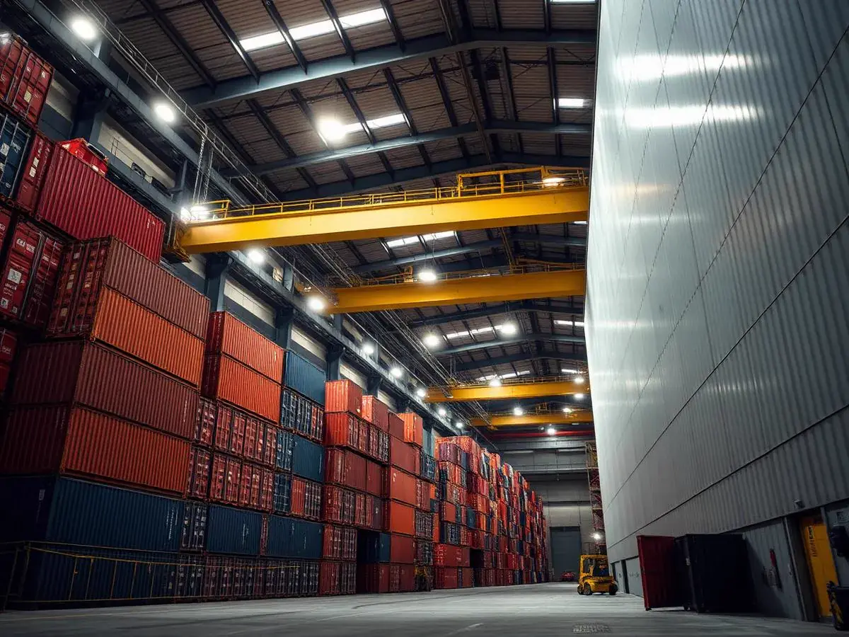 Área industrial com guindastes e containers empilhados